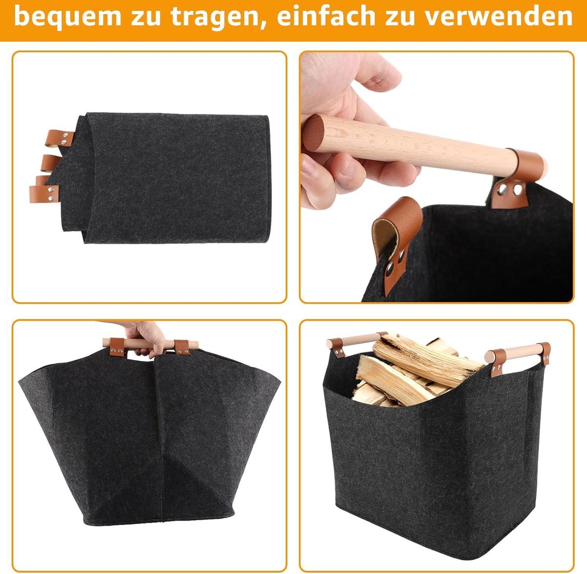 Firewood storage - Wood storage 2 pieces wooden basket foldable for firewood XL dark grey with wooden handle
