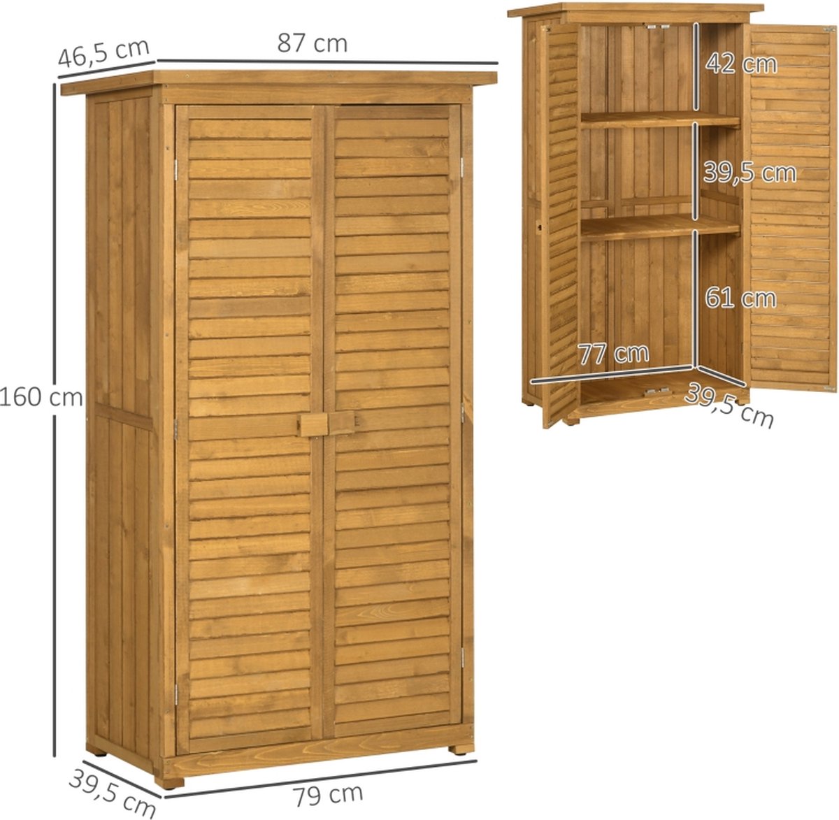 Tuinkast hout - Tuinkast - Opbergkasten met deuren - Tuinhuis - Tuinschuur - Schuur voor gereedschap - 87 cm x 46,5 cm x 160 cm