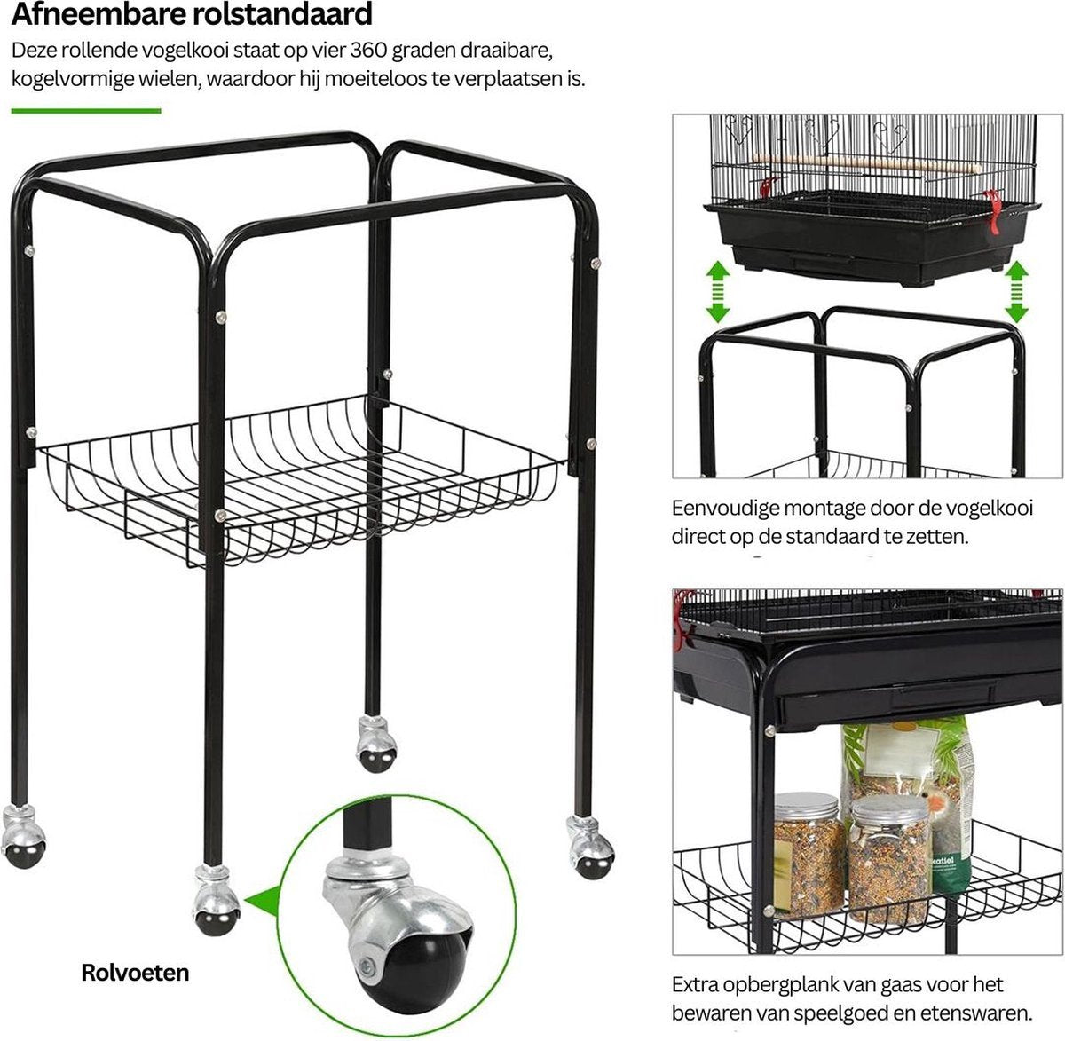 Luxury Parrot Cage - Parakeet Cage - Large Bird Cage - for Indoors - on Wheels - Including Toys - With Bird Bath - 46x36x160cm - Black - Steel