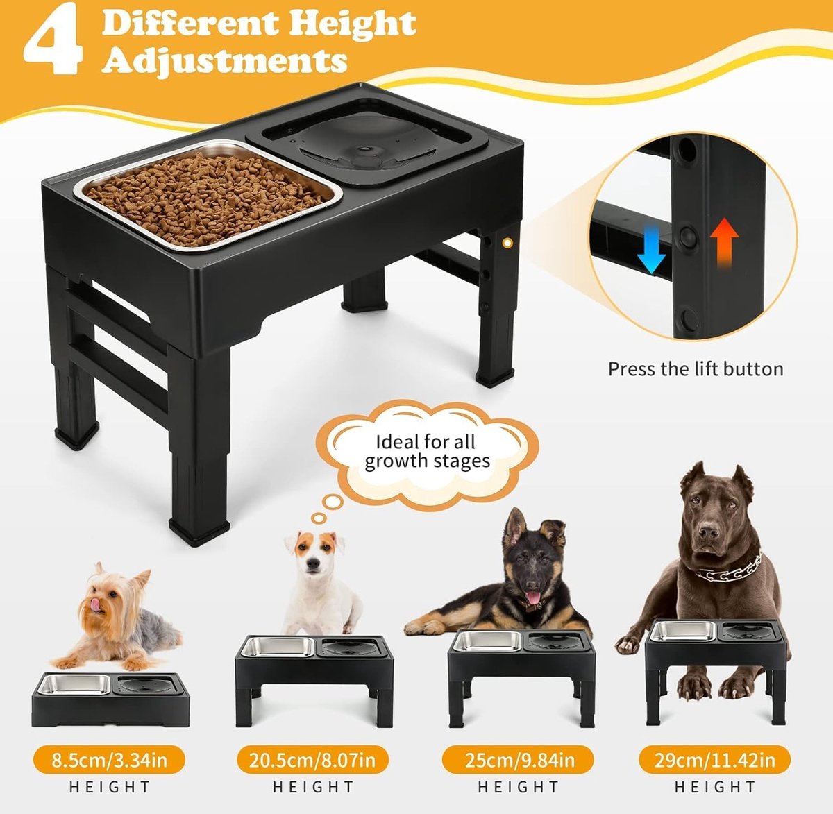 Elevated Dog Bowl (2 x 1.6 L), 4-Way Adjustable Height Food Stand with Dog Bowl, Stainless Steel and Leak-Proof Water Bowl, Foldable and Non-Slip Feeder for Dogs, Raised for