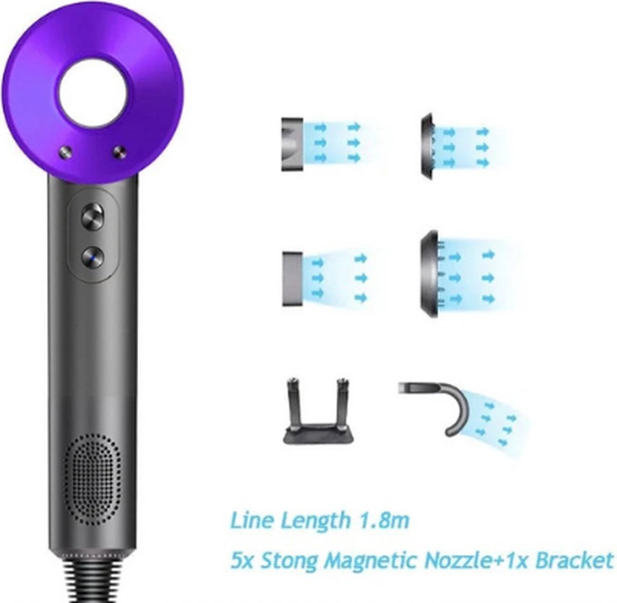 Föhn met diffuser - Ionische haardroger - Haardroger - Professionele haardroger - Rijk uitgerust - Inclusief 6 accessoires - 3 standen - Paars
