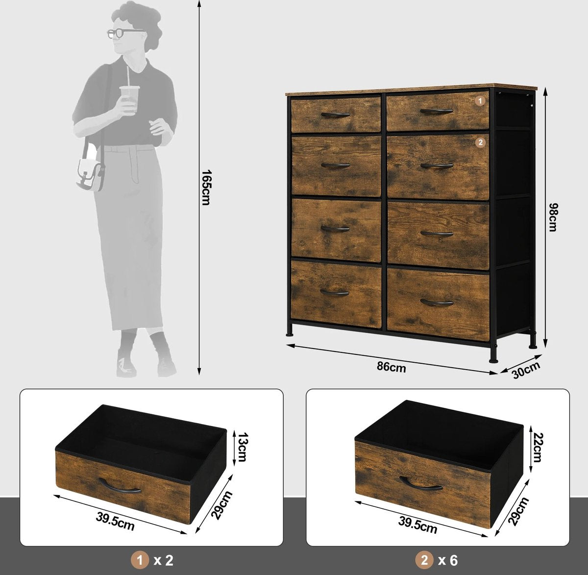 vanBoni Ladekast Vintage - Dressoir Industrieel - Ladekast Industrieel - Ladekast Woonkamer Slaapkamer - Commode - Ladenkast Met 8 Lades - 86x30x98 CM