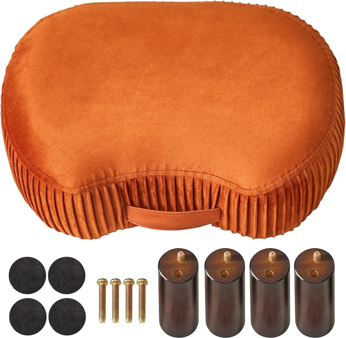 Footstool, bench with handle, curved step stool with soft seat cushion, velvet padded stool, solid wood, for living room, children's room, 40 x 28 x 23 cm, orange