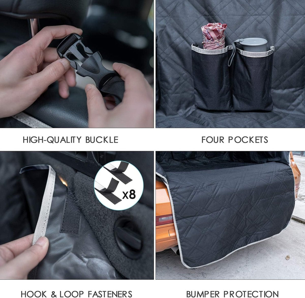Kofferbak Beschermhoes - 5 Laags & Waterdicht - Hondendeken Auto Hoes voor Hond - Eenvoudig te Reinigen - Incl. 4 Zakken & Kwaliteitsvolle Gesp - Zwart/Grijs