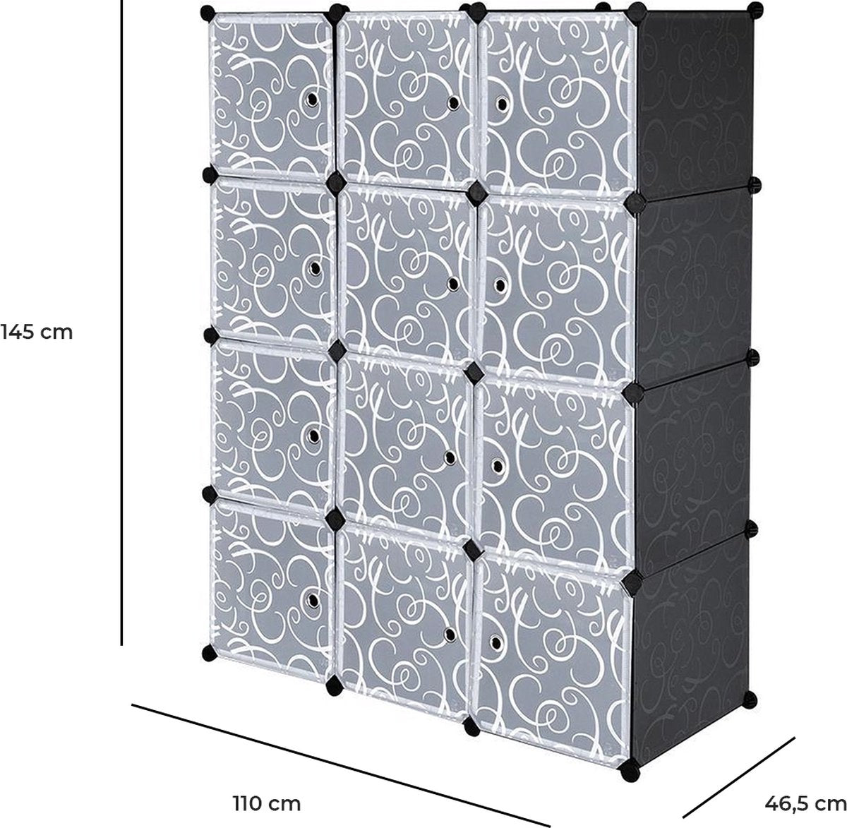 XL Modular Wardrobe - Large Wardrobe - Clothing and Shoe Storage - 12 Shelves & Rod - 145 x 110 x 46.5 cm