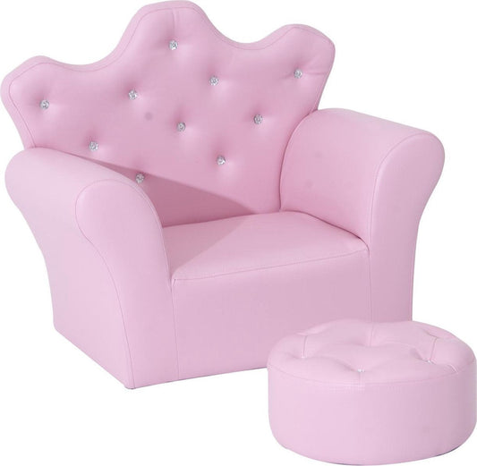 Children's sofa with crystal buttons and ottoman pink