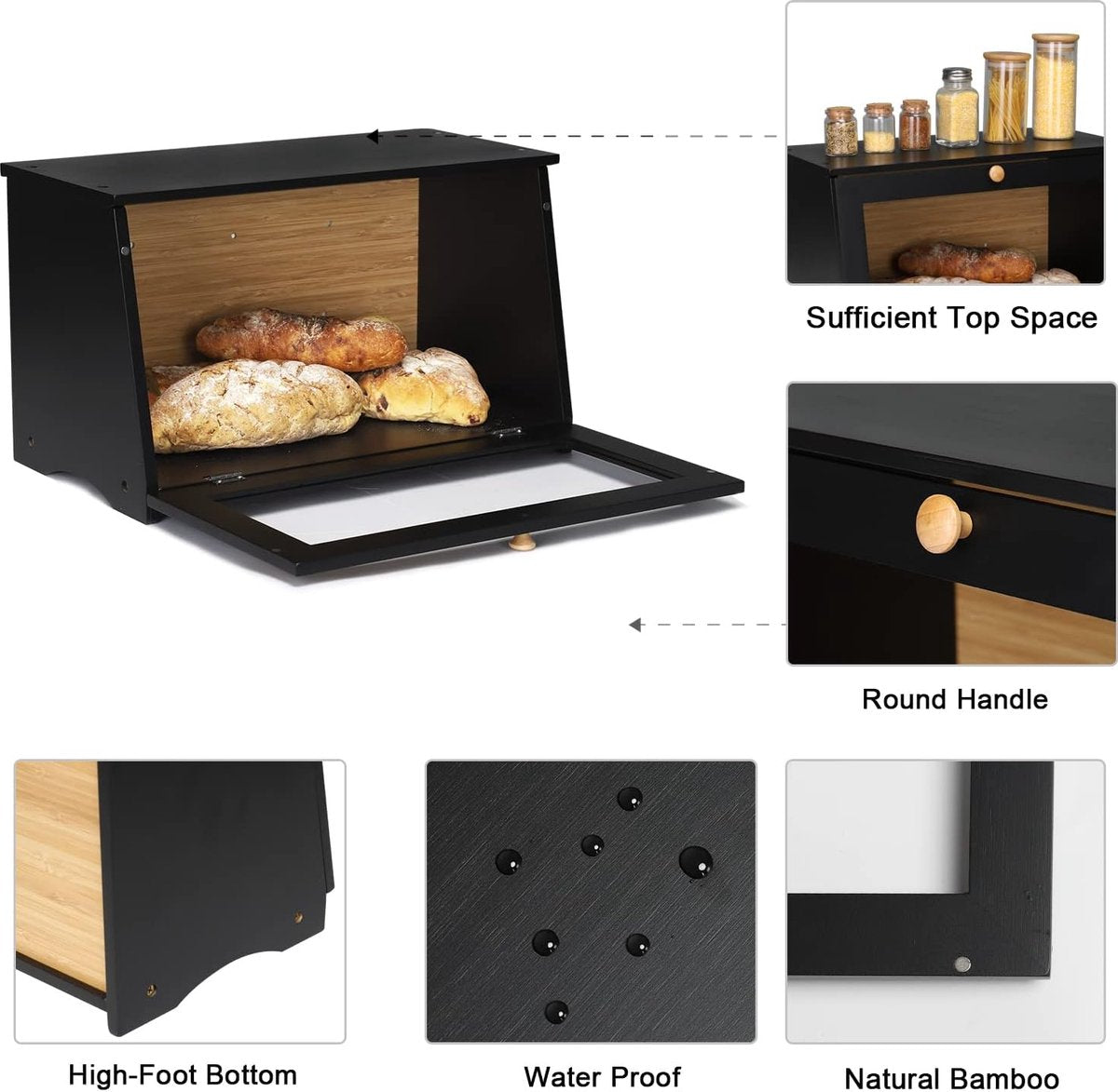 Accessoires Broodtrommel bamboe broodcontainer voedselveilig broodopslag onderhoudsvriendelijk 39x21x23cm zwart
