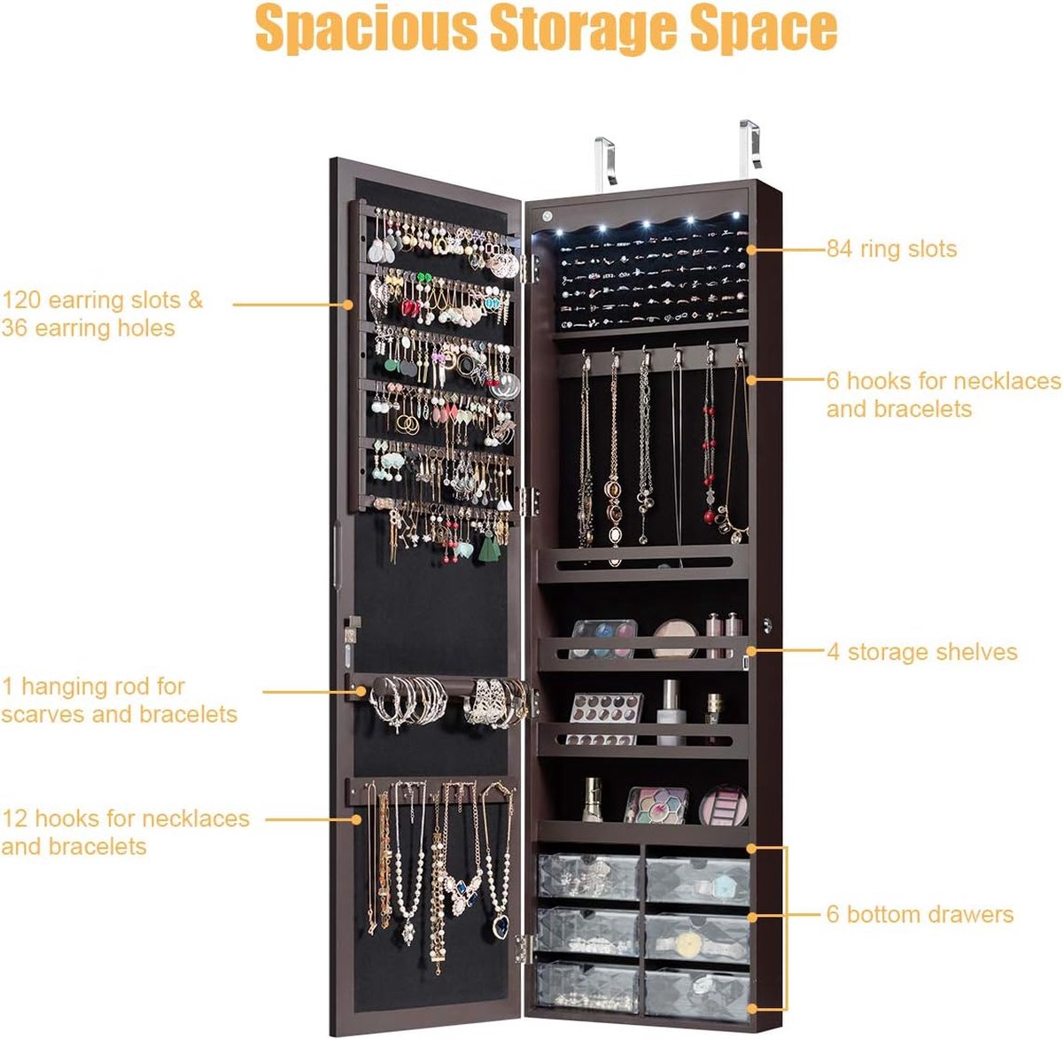 Jewelry Cabinet with 5 LED Lights, Lockable Wall/Door Mounted Jewelry Armoire with Large Mirror and 6 Acrylic Drawers, Large Capacity Jewelry Organizer for Girls, Women (Brown)