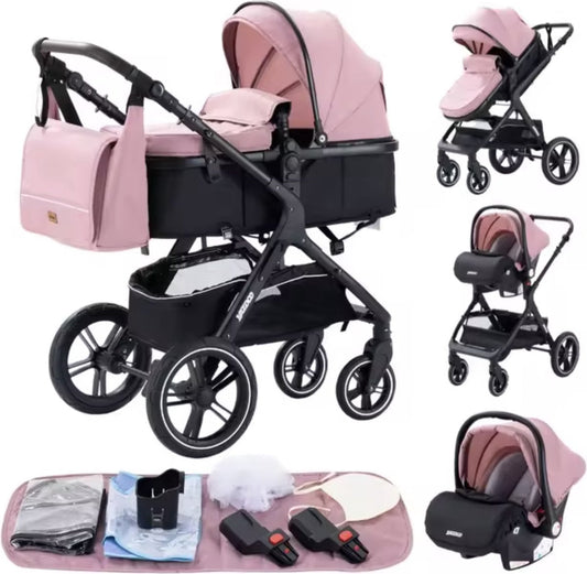 J&R Kinderwagen 3 in 1 - Kinderwagen - Wiegje - Buggy - Autostoel - Opvouwbaar - Aluminium frame - Roze - Zwart