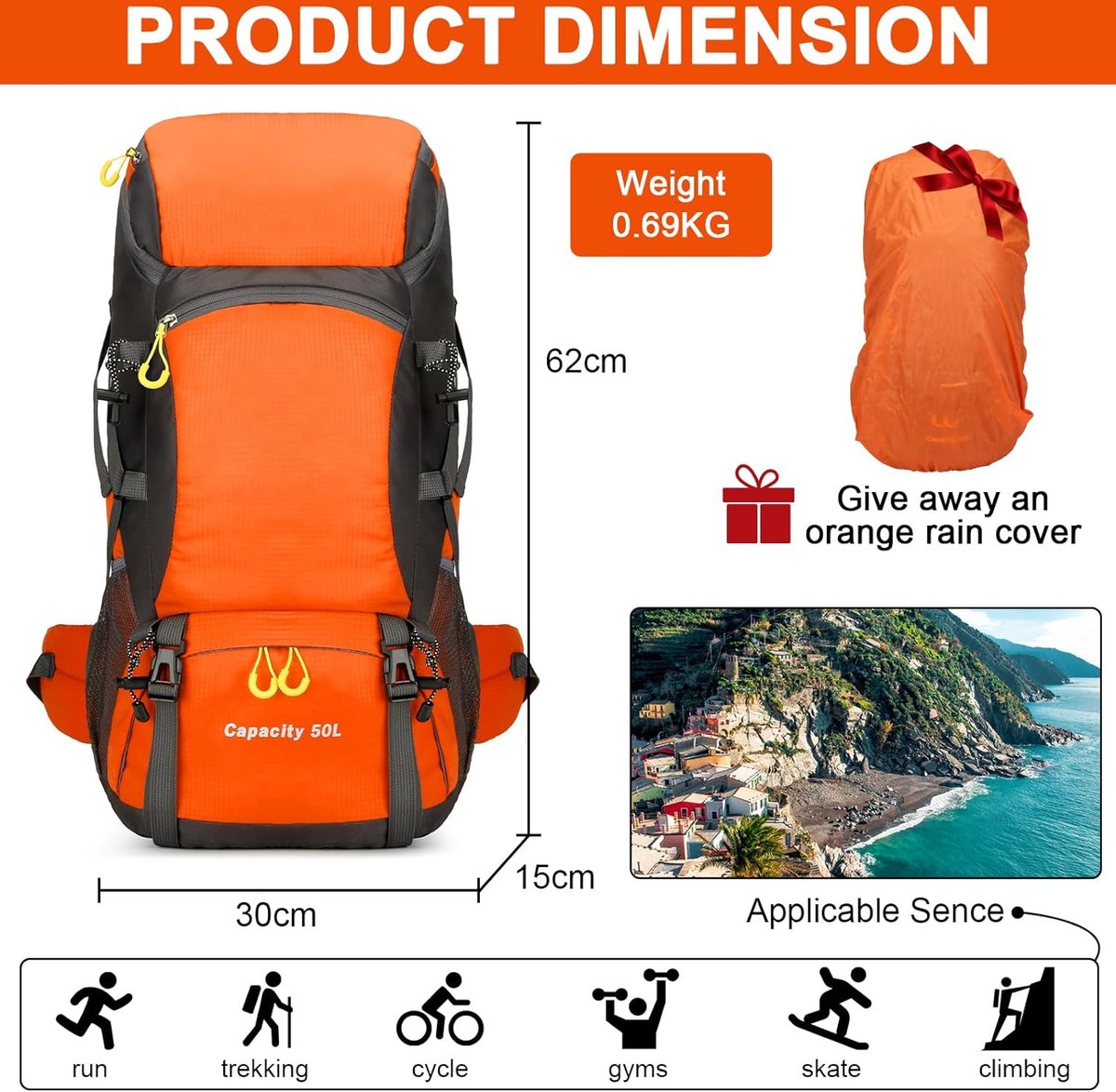 Hiking Backpack, 50L, Trekking Rucksack, Rain Cover, Travel Backpack, Waterproof Camping Backpack for Hiking, Camping, Climbing, Travel, Sports, Men and Women
