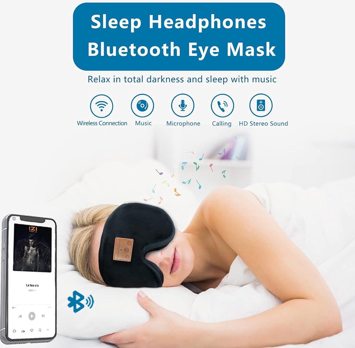 Sleep Mask with Bluetooth Headphones - Sleep Aid for Adults and Kids - Noise Cancelling - Good Night's Sleep - Black