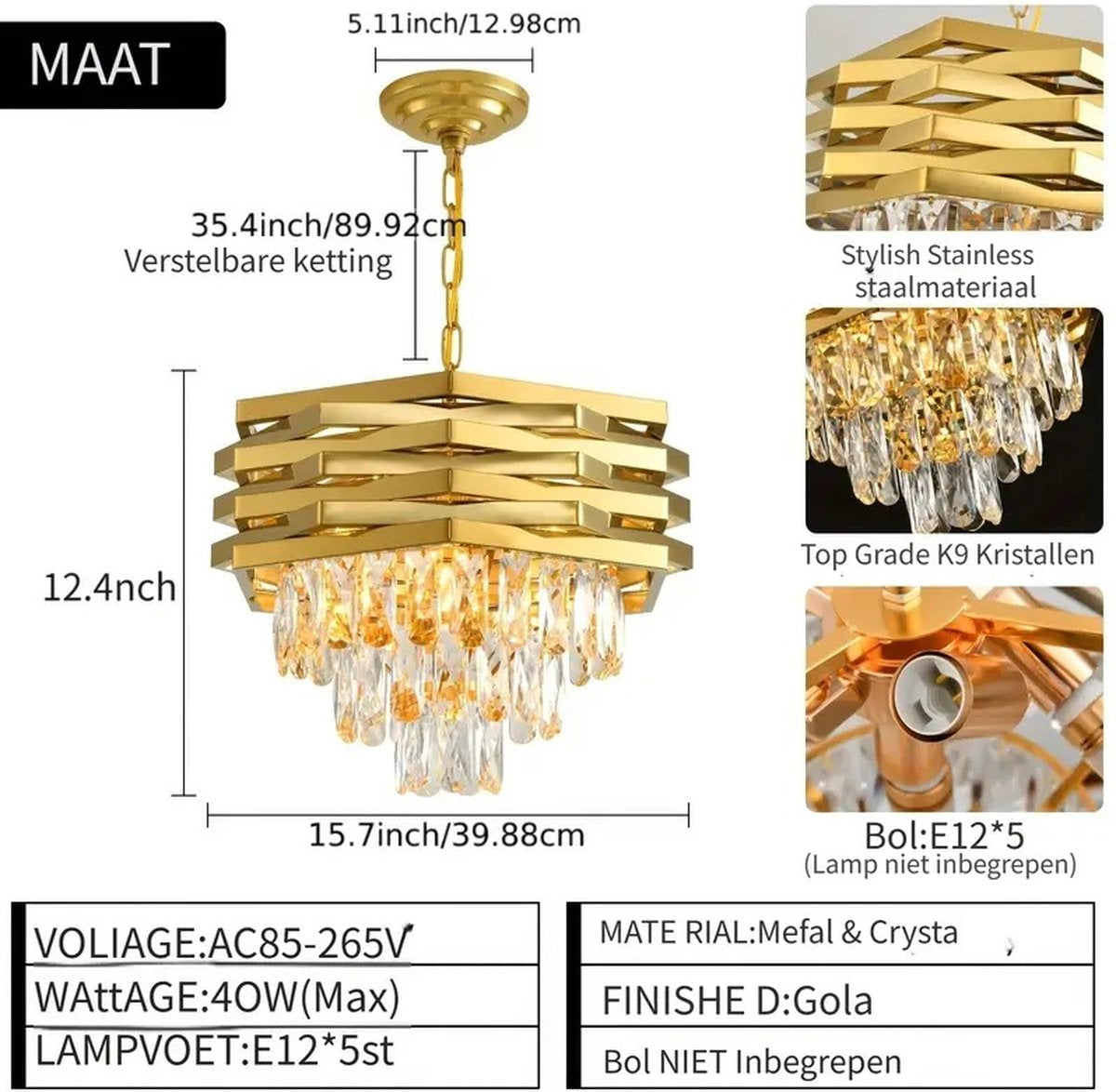 Kristallen Kroonluchter - Crystal Chandelier - Goud - Hanglamp - Woonkamerlamp - Moderne lamp - Plafonniere