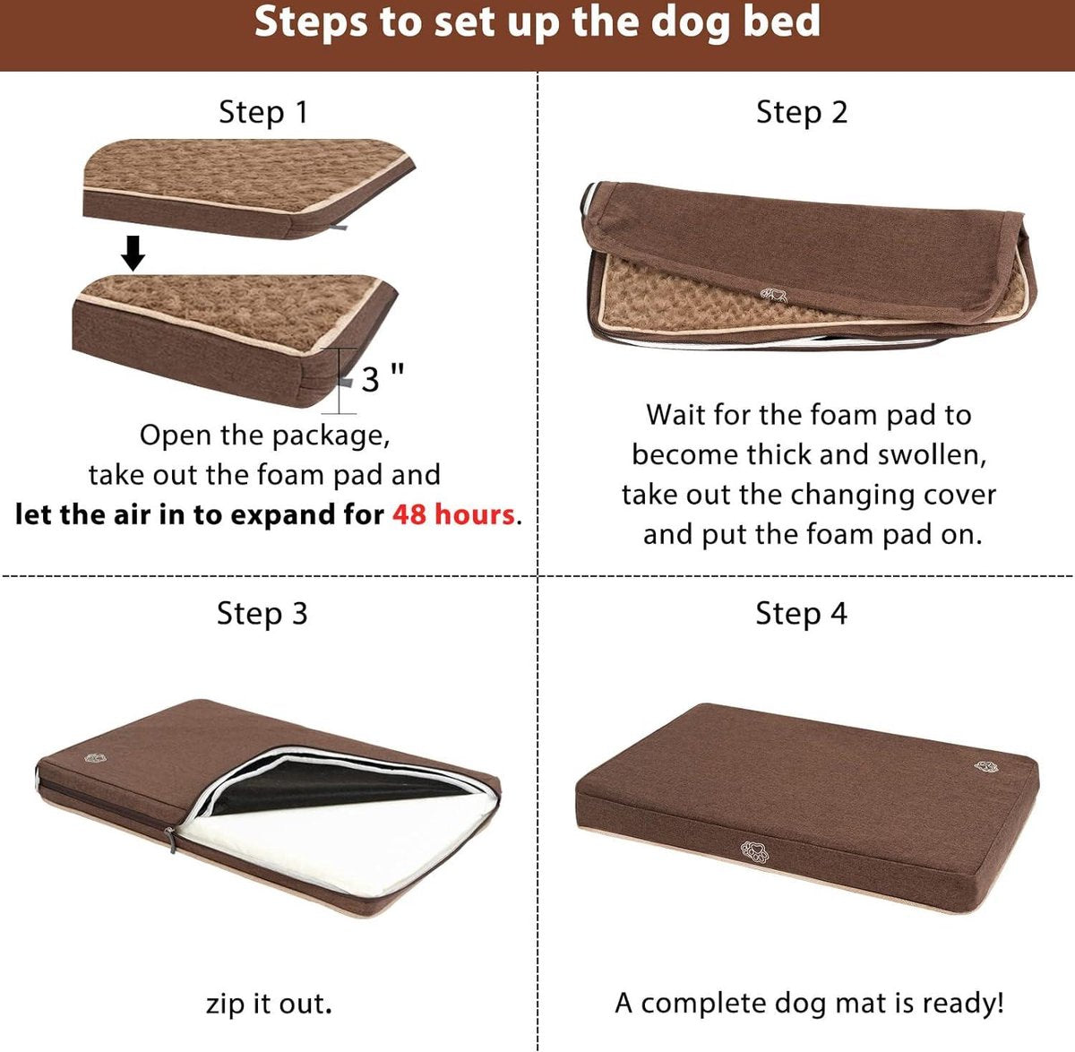 Washable orthopedic dog mattress - removable cover - dog bed for large and medium-sized dogs - 90 x 60 x 7.5 cm - brown dog bed pouch