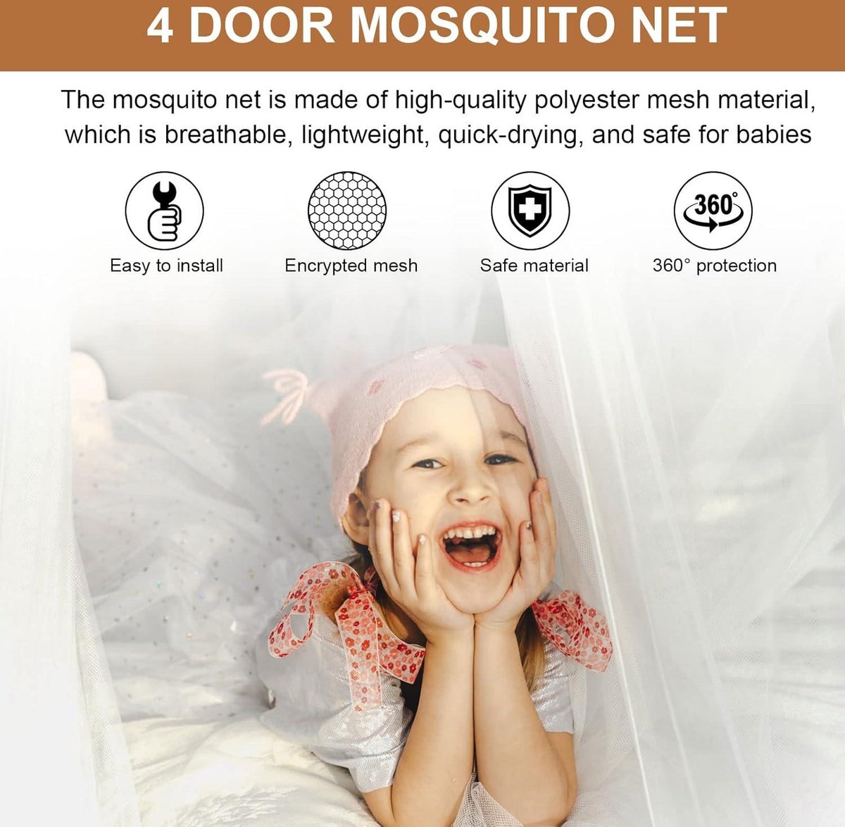 Mosquito net double bed with 4 open rectangular mosquito nets - fine-mesh square mosquito net - 240 x 210 x 190 cm - white