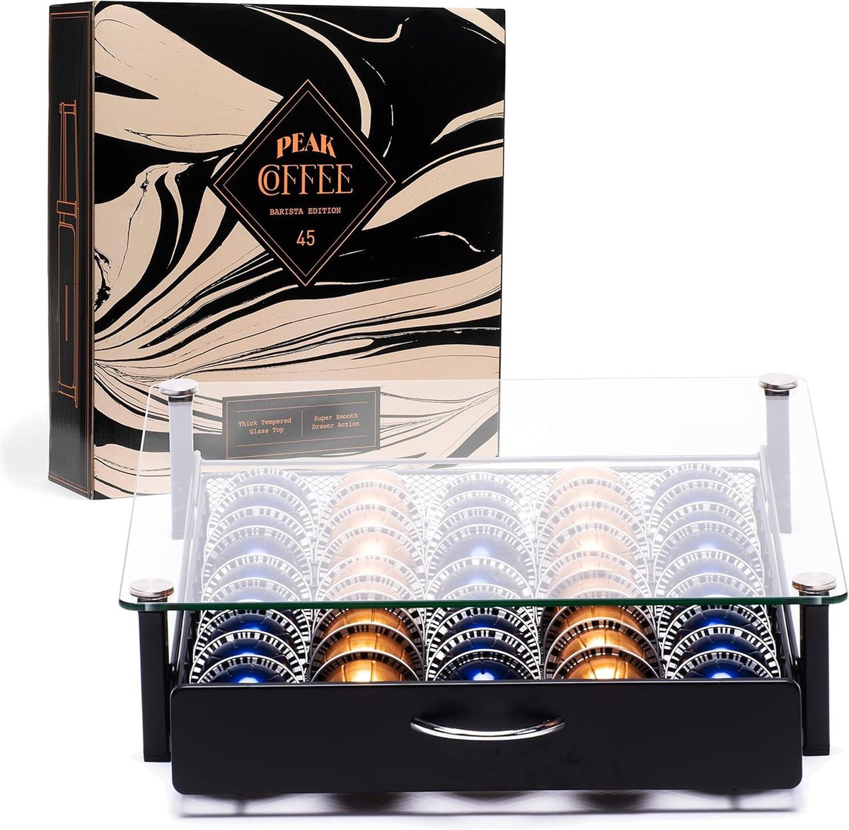 45 Pads Glazen Opbergvak Houder Compatibel met Nespresso Vertuo Vertuoline en Dolce Gusto - Grootste Vertuo Capsule Houder - Peak Coffee