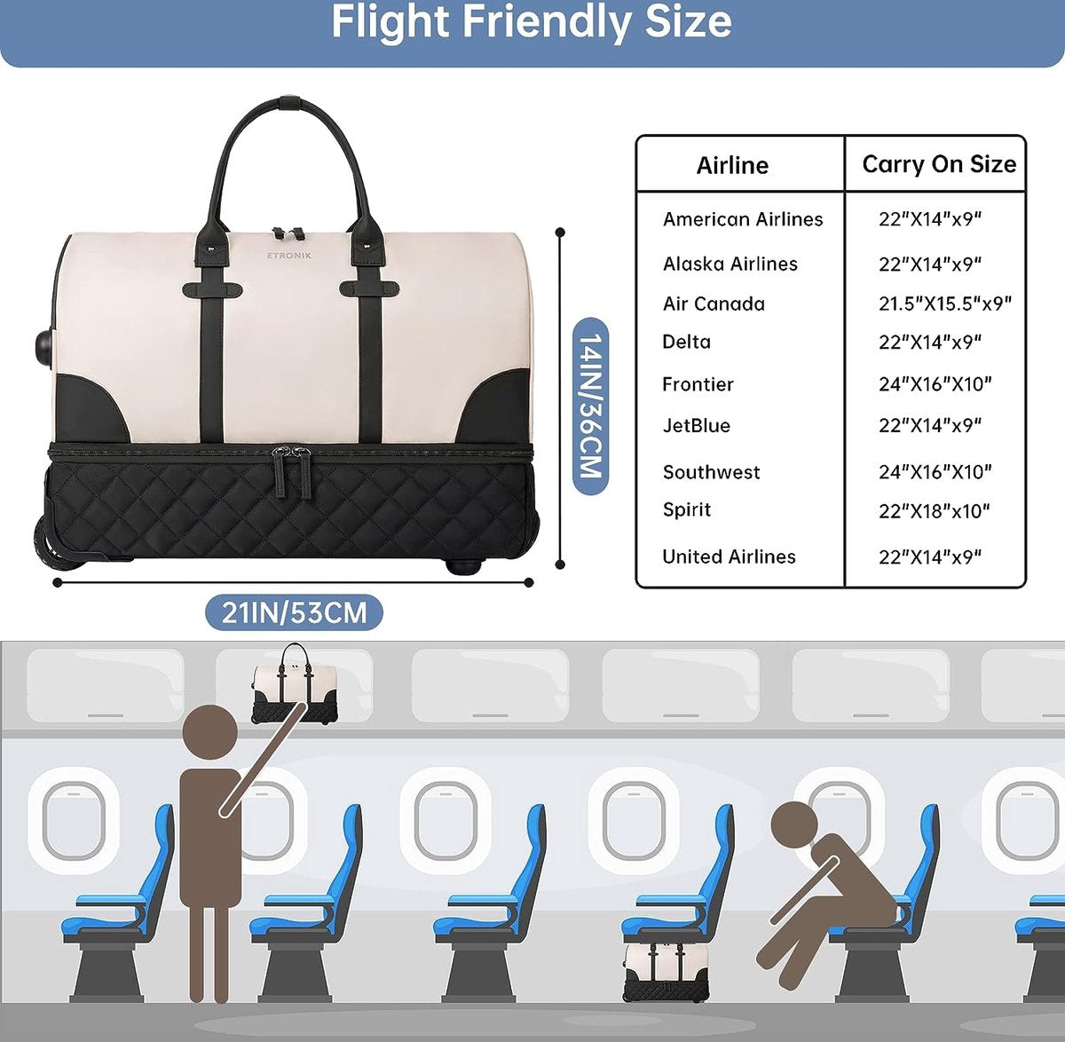 wheeled travel bag, travel bag, 21 inch women's travel bag with makeup bag, 21x14x9 inch flight approved weekender with wheels