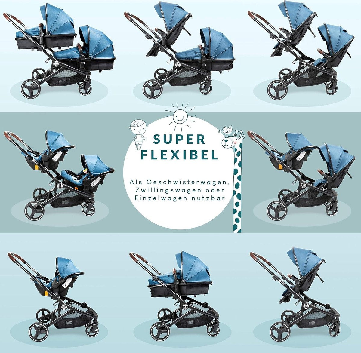 3-in-1 Kinderwagen voor tweelingen - Baby's en kinderwagen voor broers en zussen - Tweelingwagen voor 2 kinderen met accessoires - Blauw melange (exclusief babyzitje) Duokinderwagen