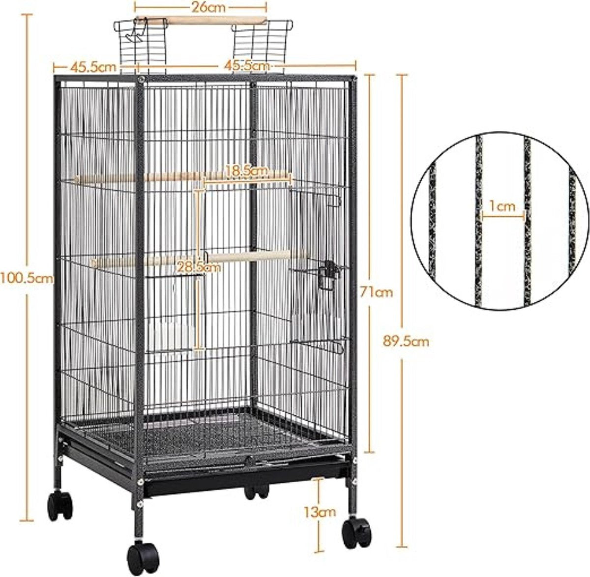 Papegaaienkooi – 3-IN-1 - Parkietenkooi Op Voet & Wieltjes – Grote Vogelkooi Voor Binnen – Vogelkooien – Vogel Speelgoed - Volière – 45x45x100 Cm - Zwart