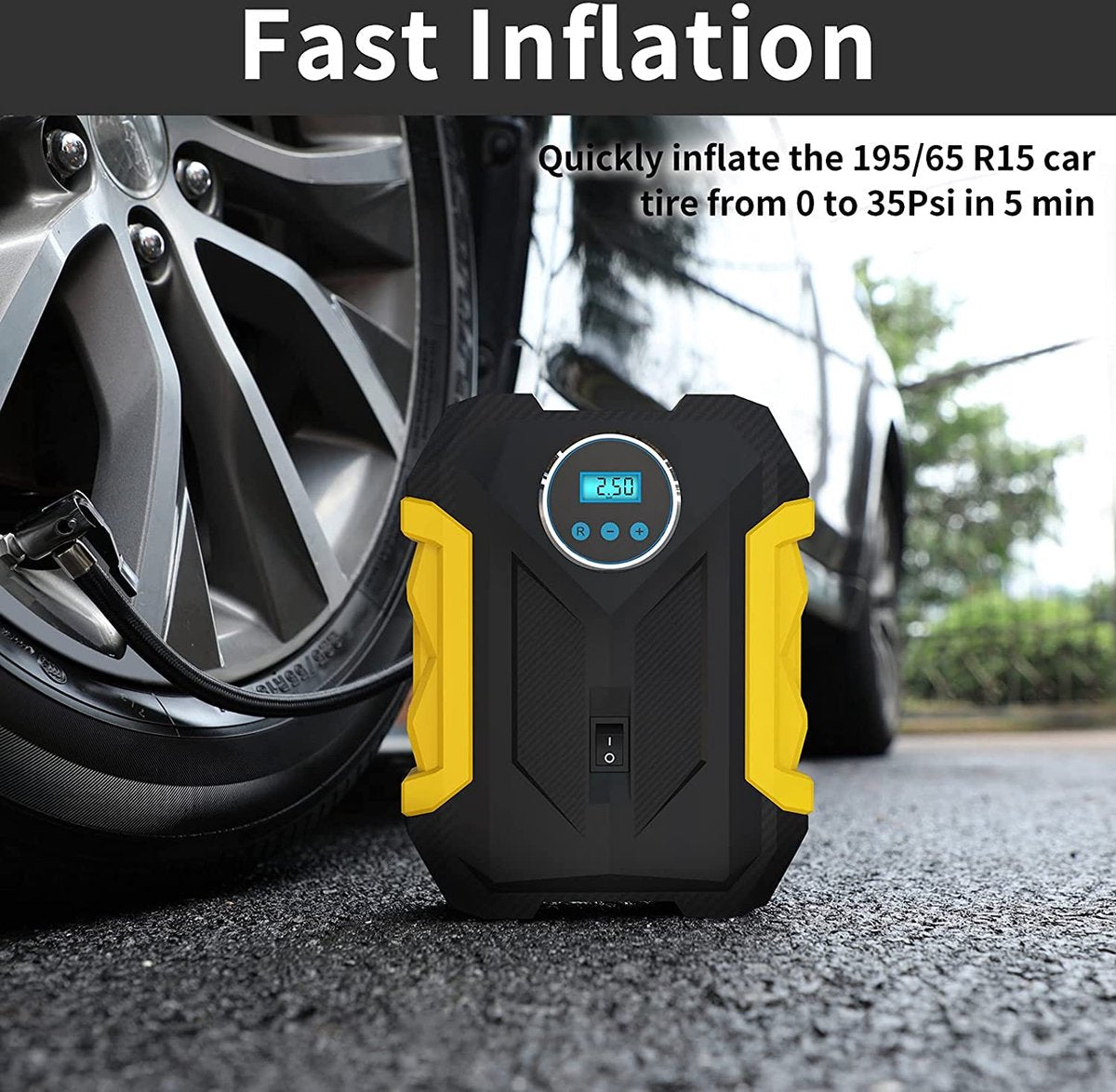 Digital Air Compressor for Car - Portable Tire Inflator with LED Light 12V