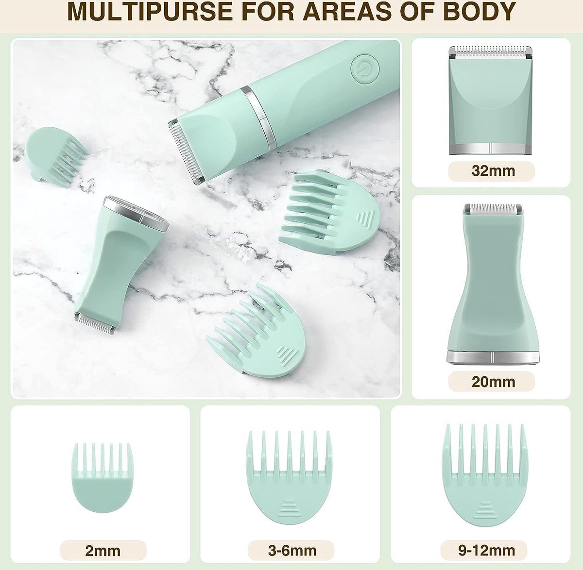 Waterdichte Bikini Trimmer Vrouwen Elektrische Scheermes voor Bikini Benen Schaamhaar Oplaadbaar Elektrisch Scheerapparaat voor Vrouwen Ontharing met Snap-in Keramische Bladen IP7X Wasbare Hoofd, Nat en Droog Gebruik, Groen