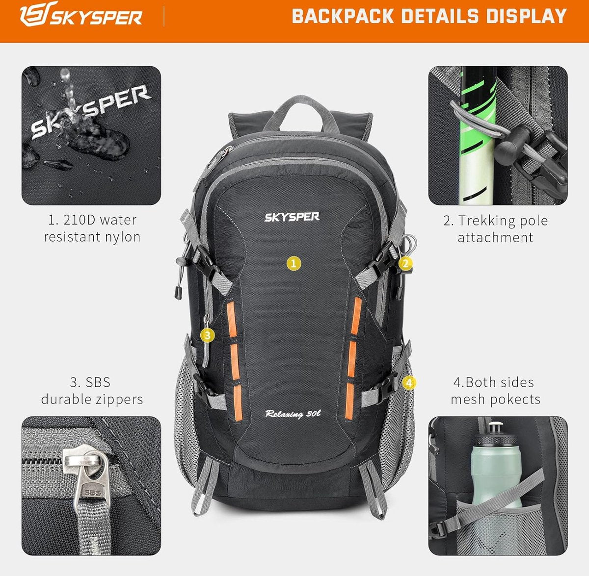 Wandelrugzak voor heren, 30 liter, trekkingrugzak, waterdicht, reisrugzak, multifunctionele campingrugzak, dagrugzak, opvouwbaar, lichtgewicht outdoor dagrugzak, 30l