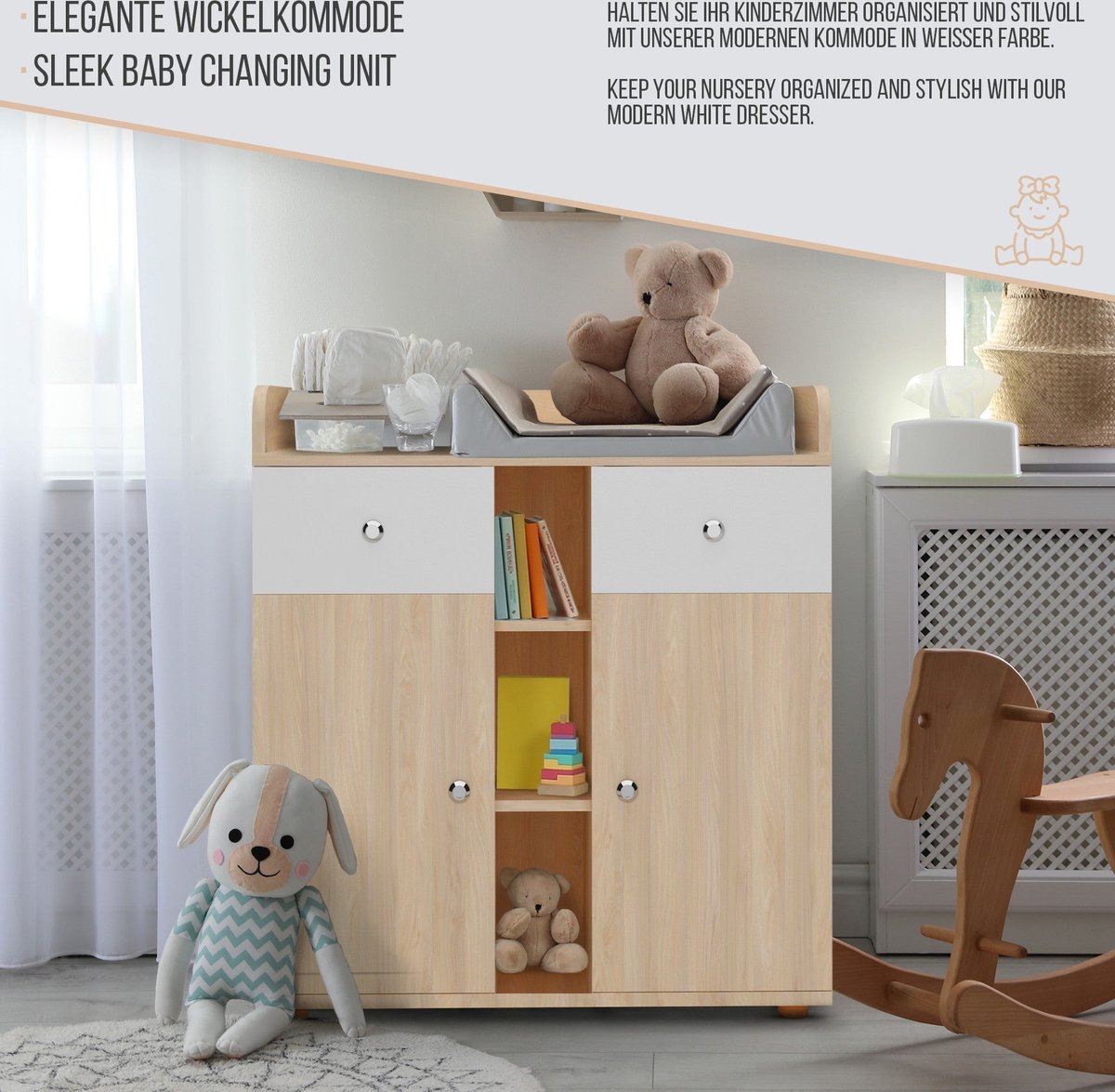 Infantastic - Babycommode met 2 grote lades en 5 vakken - Ladekast met Opbergruimte - Veelzijdig Omkleedmeubel met Organizer - 90x69x92 cm (LxBxH) - Eikenfineer