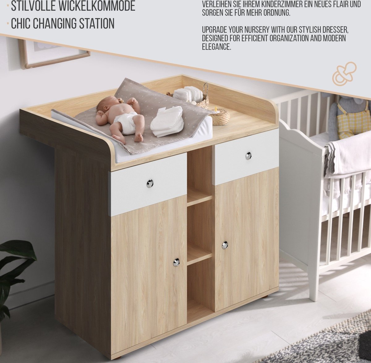 Infantastic - Babycommode met 2 grote lades en 5 vakken - Ladekast met Opbergruimte - Veelzijdig Omkleedmeubel met Organiser - 90x69x92 cm (LxBxH) - Eikenfineer