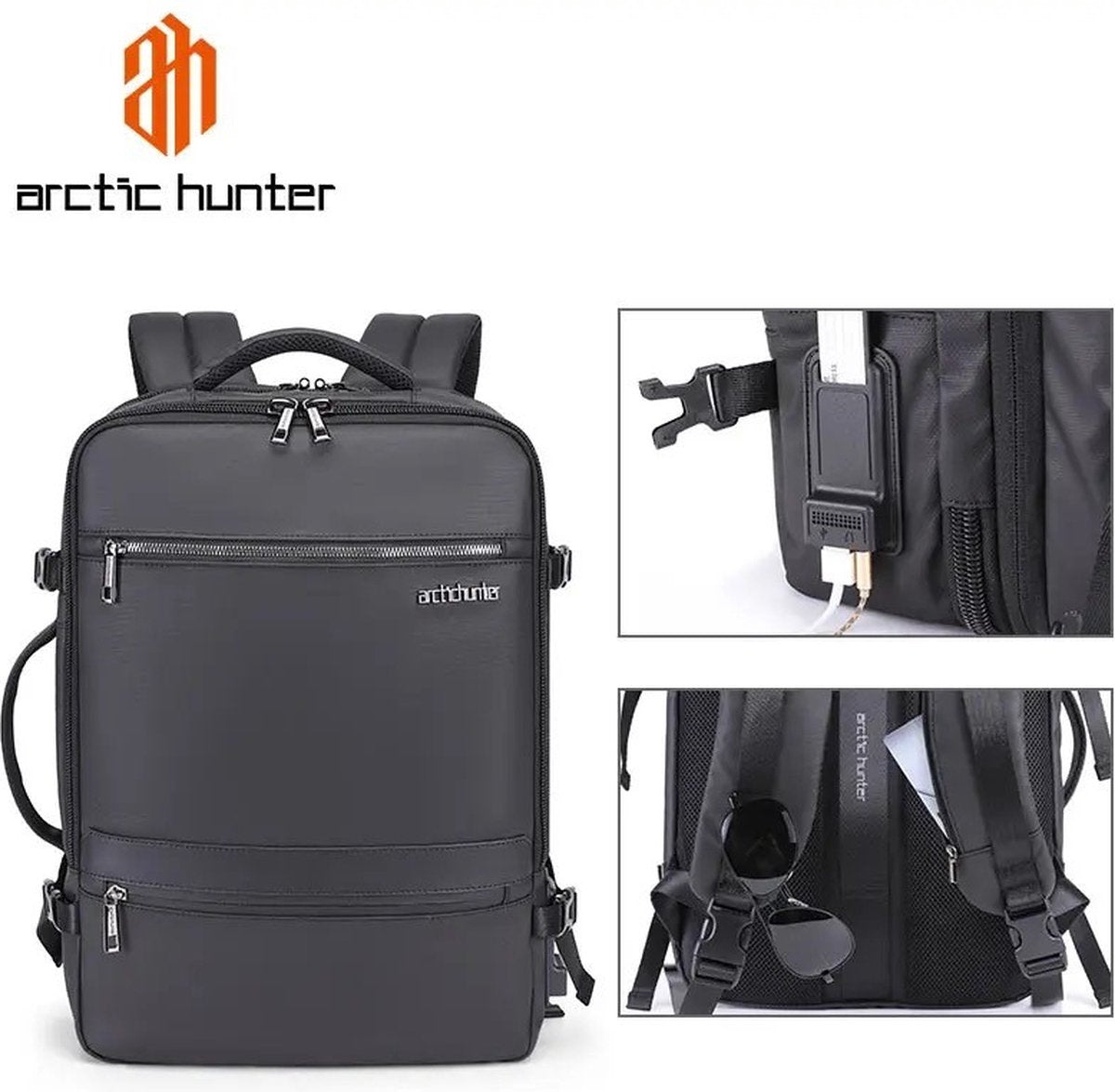 Arctic Hunter Rugzak - Laptoptas - Motortas - USB-aansluiting - Waterafstotend materiaal - Zwart - 32L