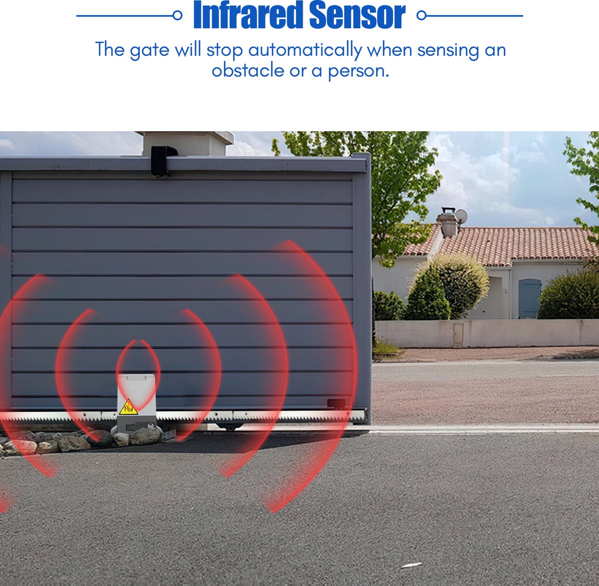 Schuifpoortopener 750W Poortautomatisering - Voor schuifpoorten tot 12 m en max. 1600kg 2 afstandsbedieningen 8 x tandheugels (elk 50 cm) 2x infraroodsensoren - Grijze aandrijving Met afstandsbediening + sleutel