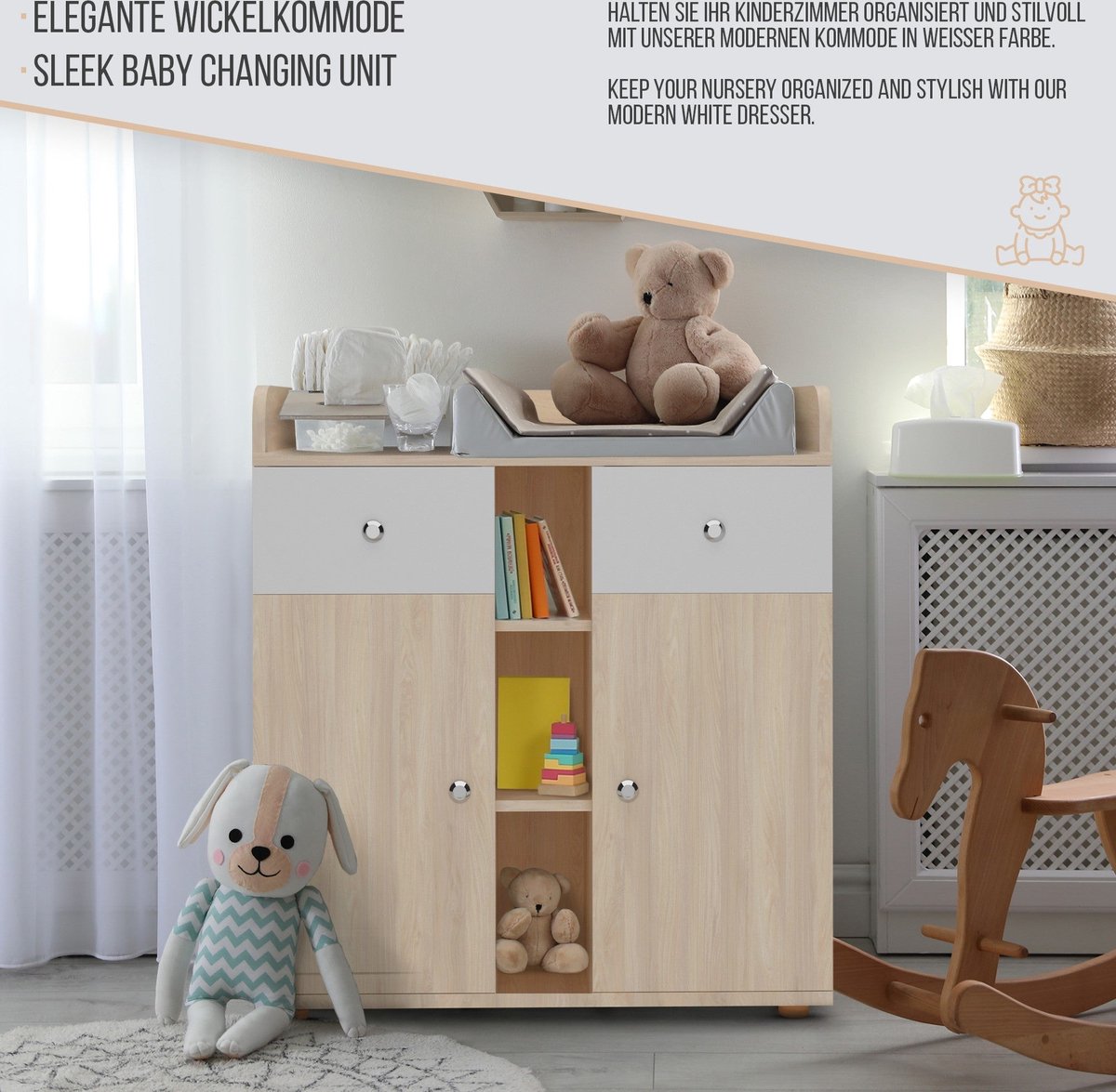 Infantastic - Commode met 2 grote laden en 5 vakken - Ladekast met Opbergruimte - Veelzijdig Omkleedmeubel met Organizer - 90x69x92 cm (LxBxH) - Beukenfineer