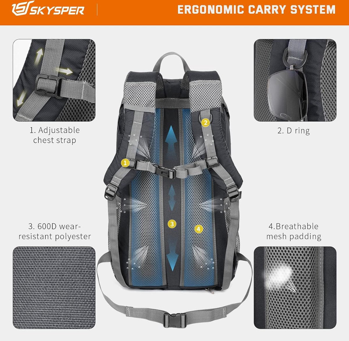 Wandelrugzak voor heren, 30 liter, trekkingrugzak, waterdicht, reisrugzak, multifunctionele campingrugzak, dagrugzak, opvouwbaar, lichtgewicht outdoor dagrugzak, 30l