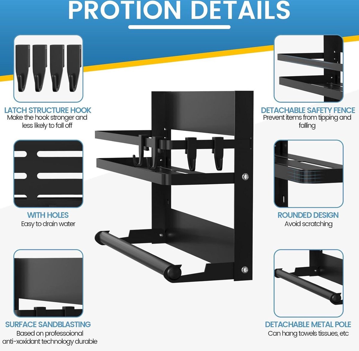 Spice rack - Hanging Kitchen Rack made of Stainless Steel - No Drilling - Black - 4 Hooks kitchen roll holder hanging