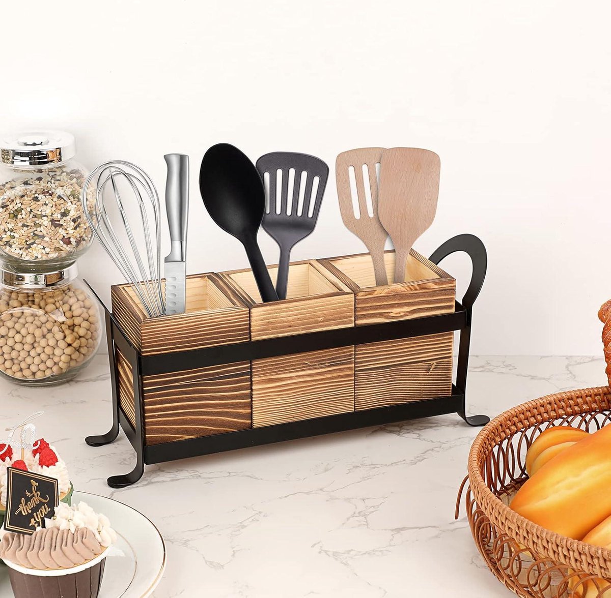 Bestekhouder Caddy met Metalen Lade - 3 Vakken Organizer voor Keuken Aanrecht - Multifunctionele Houten Opbergdoos