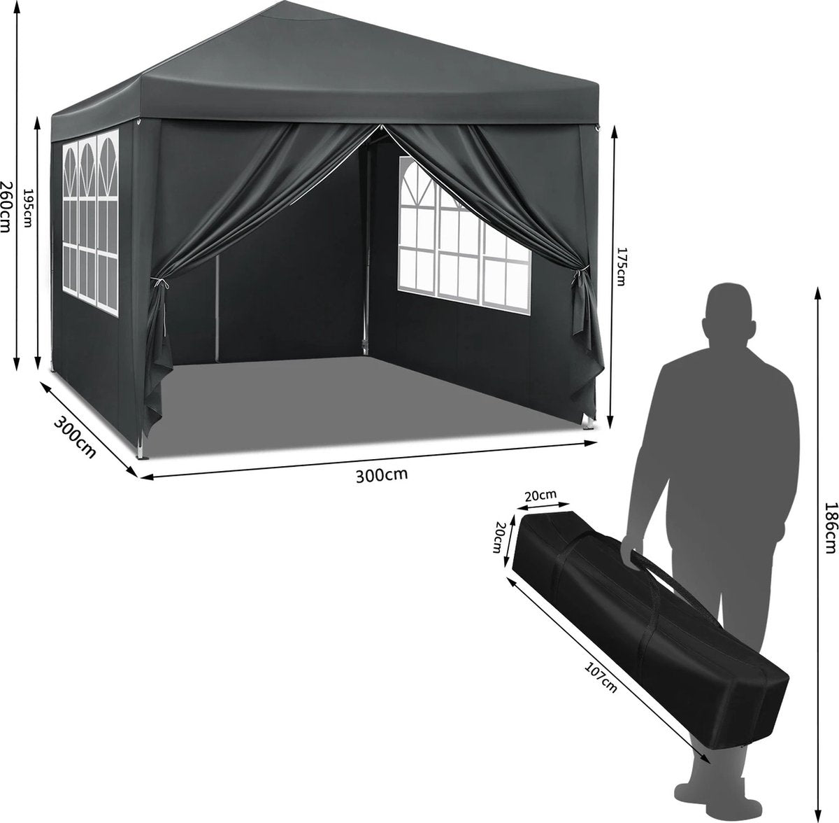 J&R Partytent - Paviljoen - Opvouwbare Luifel - Tuintent - Waterdicht - UV Bescherming - met Draagtas - Pavillon - Prieel - Zijpanelen - 3x3m - Grijs