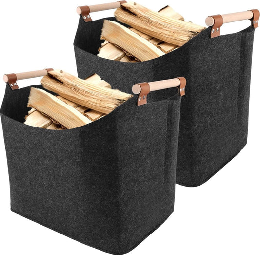 Firewood storage - Wood storage 2 pieces wooden basket foldable for firewood XL dark grey with wooden handle