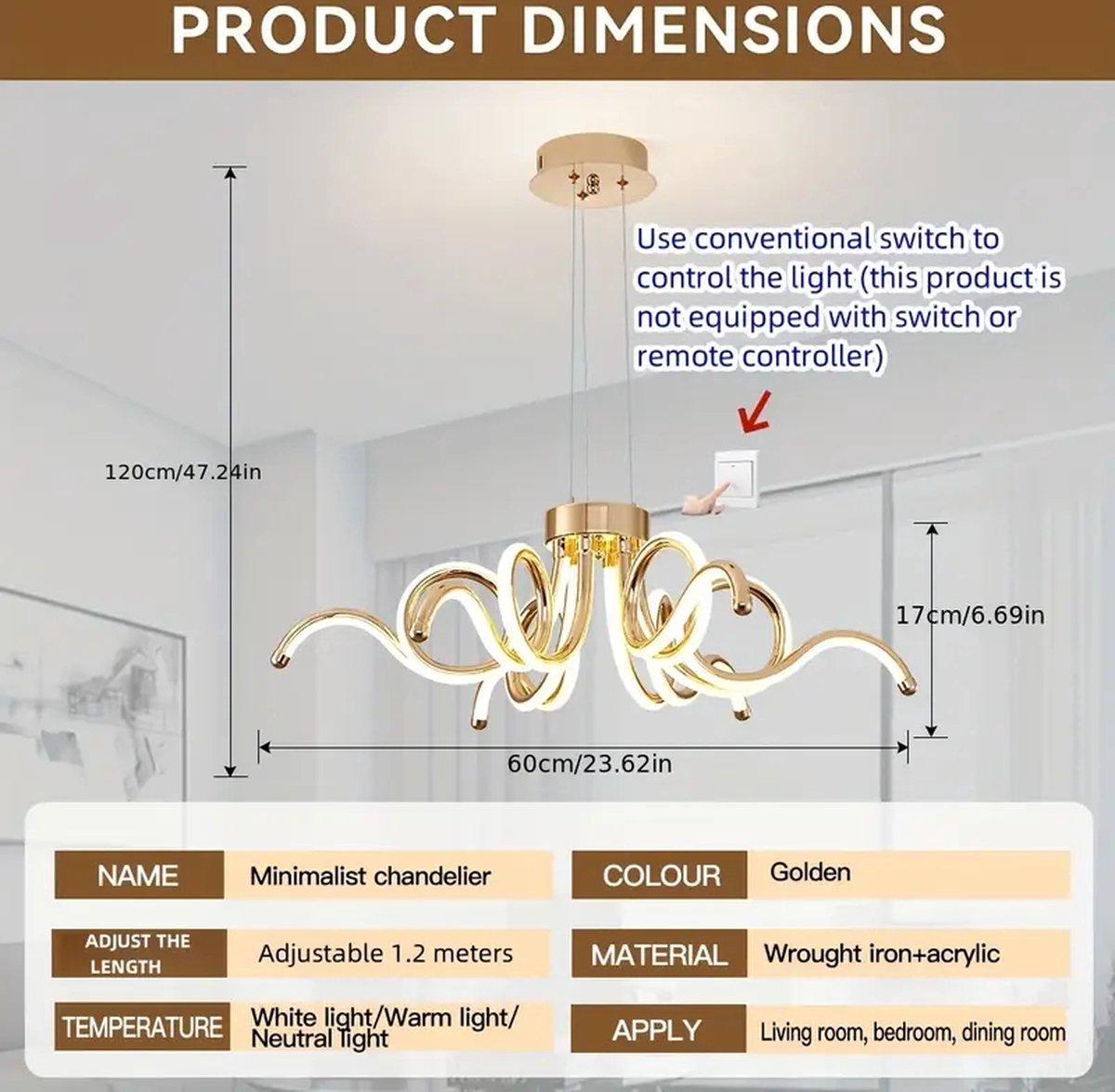 LuxiLamps - Spider Hanglamp - Goud - 60 cm - Kroonluchter - Licht In 3 Kleuren - Boven De Eettafel - LED Kroonluchter Verlichting - 50W