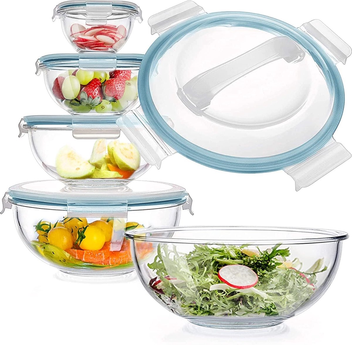 Glazen Mengkommen Set van 5 Glazen Kommen met Deksels, Ruimtebesparende Nesting Kommen, Antislip Saladekommen BPA-vrij voor Combineren, Opslag en Koken