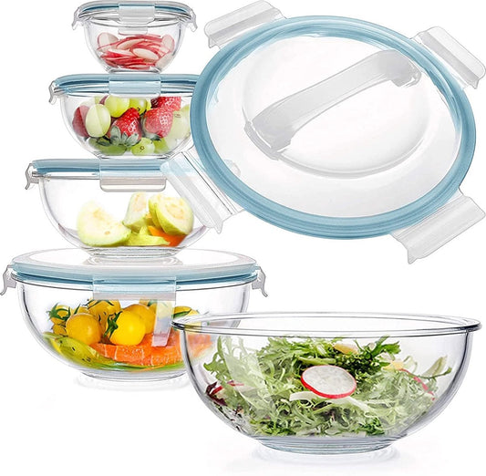 Glazen Mengkommen Set van 5 Glazen Kommen met Deksels, Ruimtebesparende Nesting Kommen, Antislip Saladekommen BPA-vrij voor Combineren, Opslag en Koken
