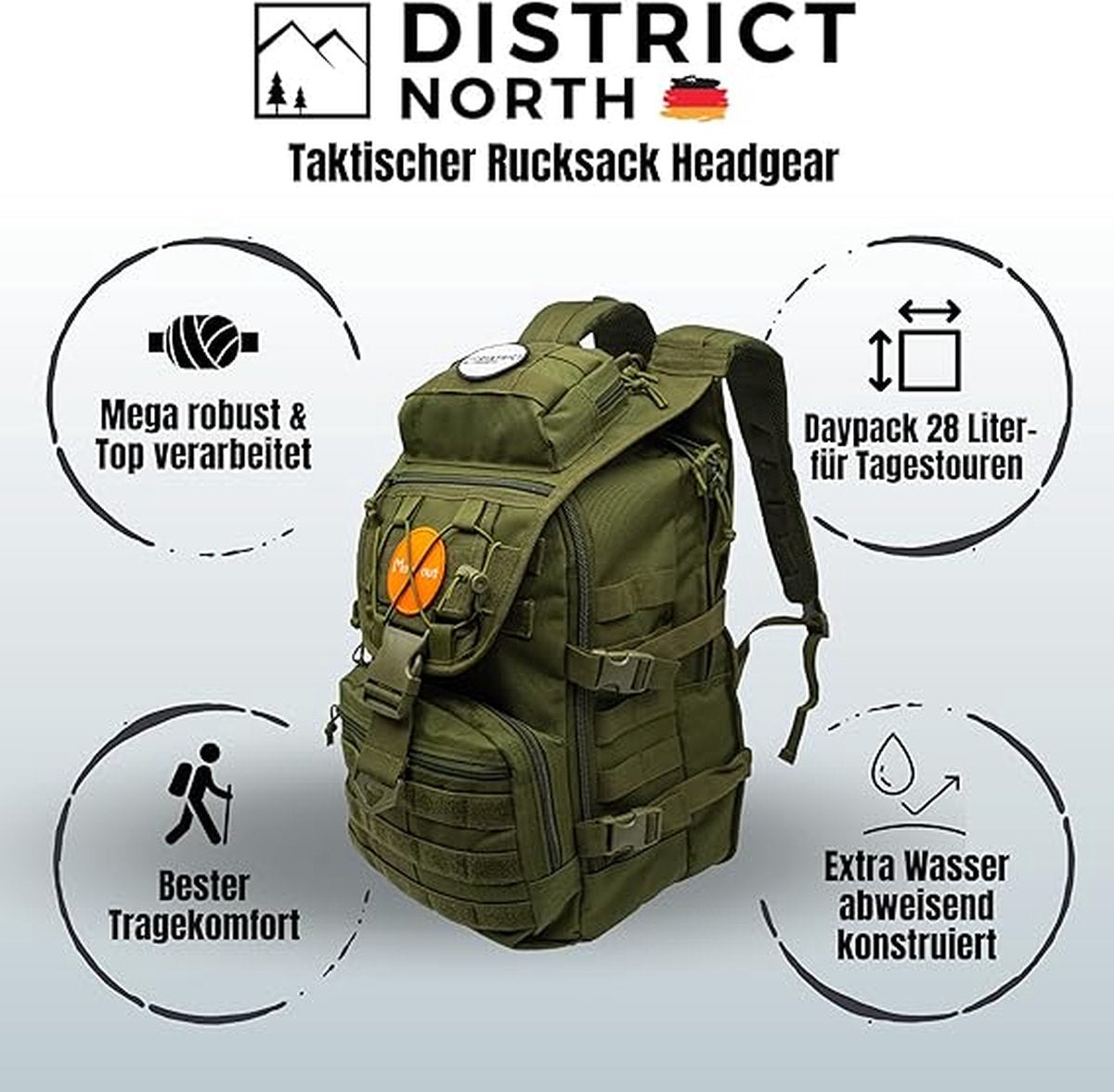 Militaire rugzak "Hoofddeksel" 28L | Het origineel - Extra waterafstotend | Tactical Daypack - Ook perfect als outdoorrugzak | Duitse legerrugzak | Survival rugzak
