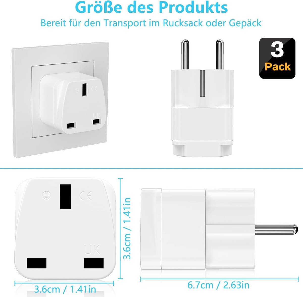 3-pack reisadapter - Engeland naar EU-stekker - 10/16 A 250 V UK-adapter - Frankrijk Nederland Polen Zweden - wit