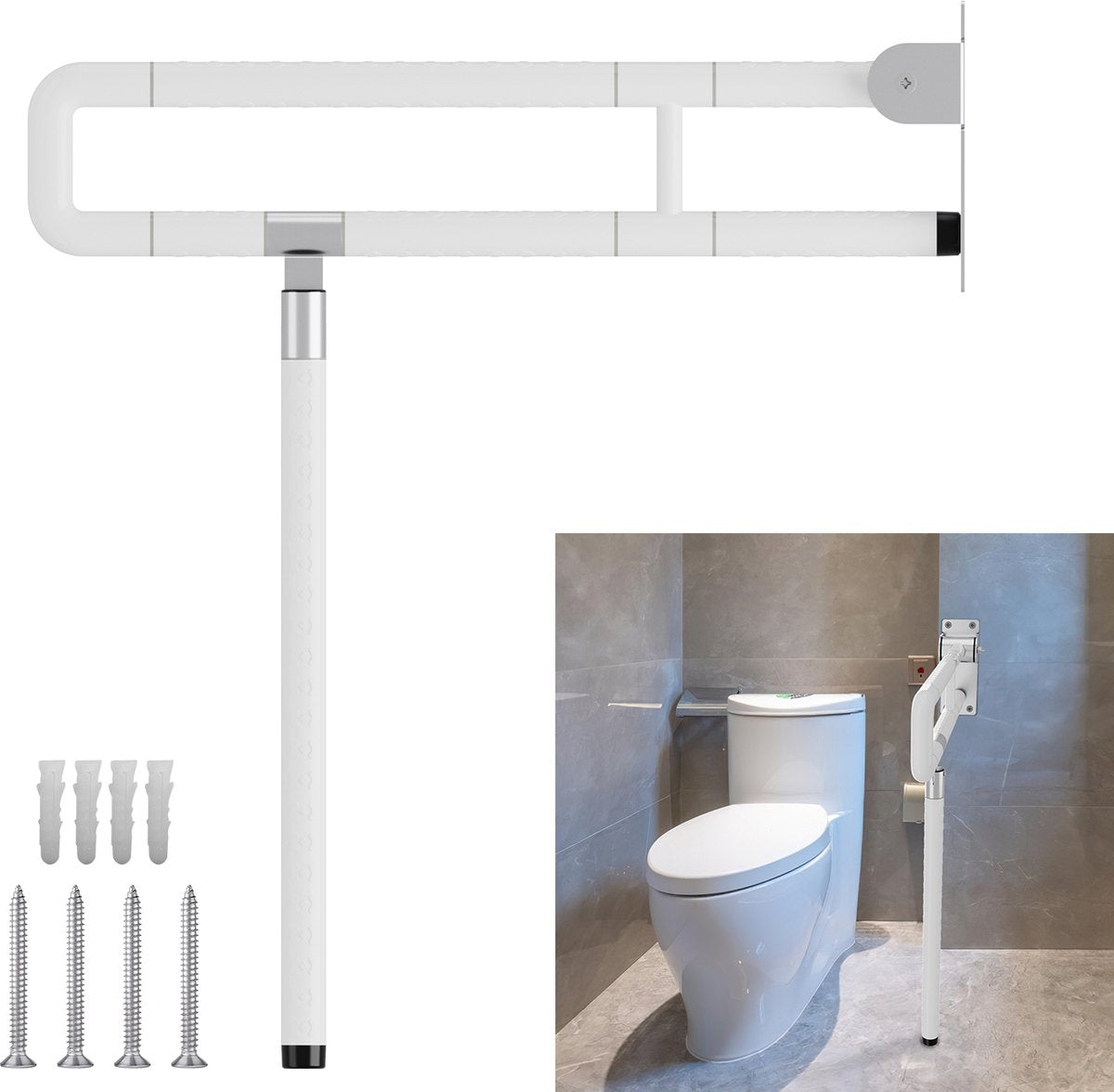 Opklapbare toiletbeugel met steunpoot - Verstelbare toiletsteun - Handgreep toiletsteun - Wandbevestiging - 60 cm lang Wit