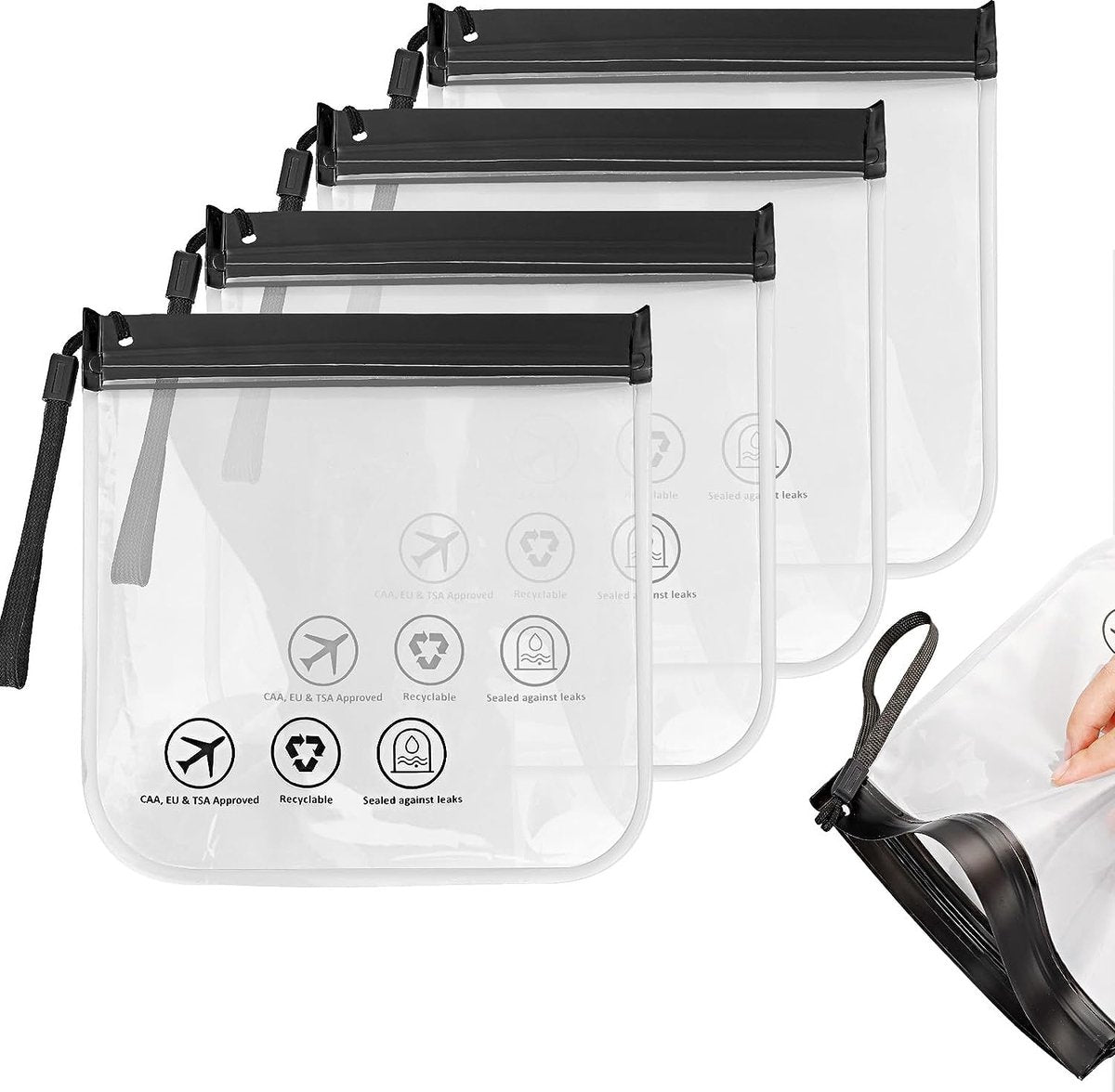Airplane bag, liquids, 1 liter, transparent, hand luggage, worldwide approved, 4 pieces, 100% leak-proof zip bag, airplane, toiletry bag, travel accessories, ladies and gentlemen
