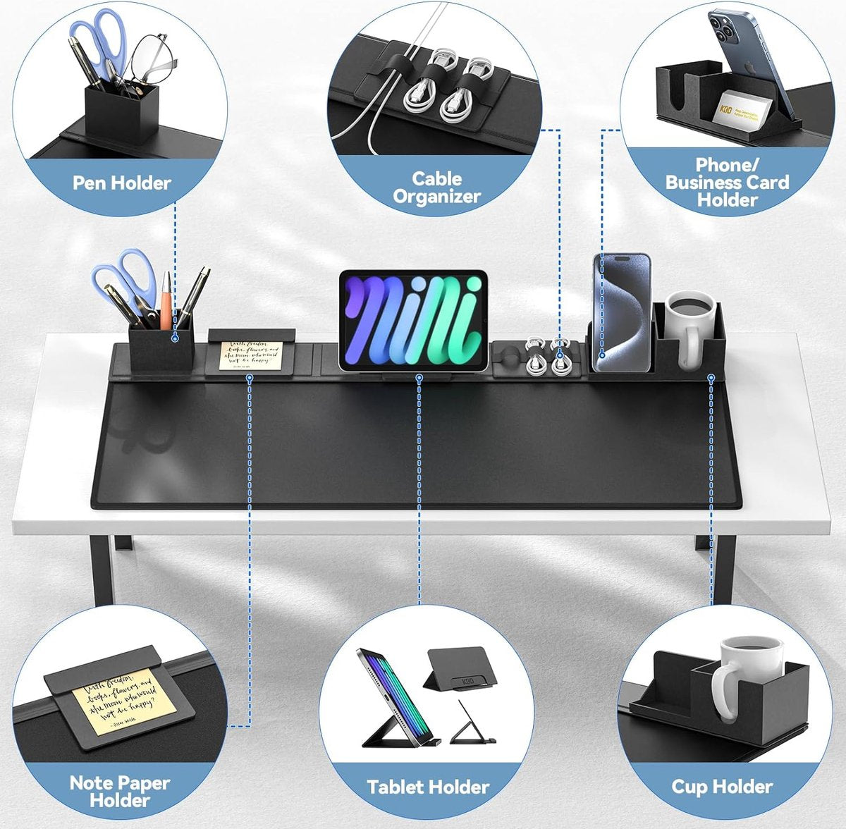 Bureauonderlegger en Organizer Set, 6-in-1 Muismat met Magnetische Bureau-opslag Accessoires DIY Organisatie voor Mobiele Telefoon en Tablet Standaard/Crusherhouder/Kaarthouder/Penhouder voor Kantoor