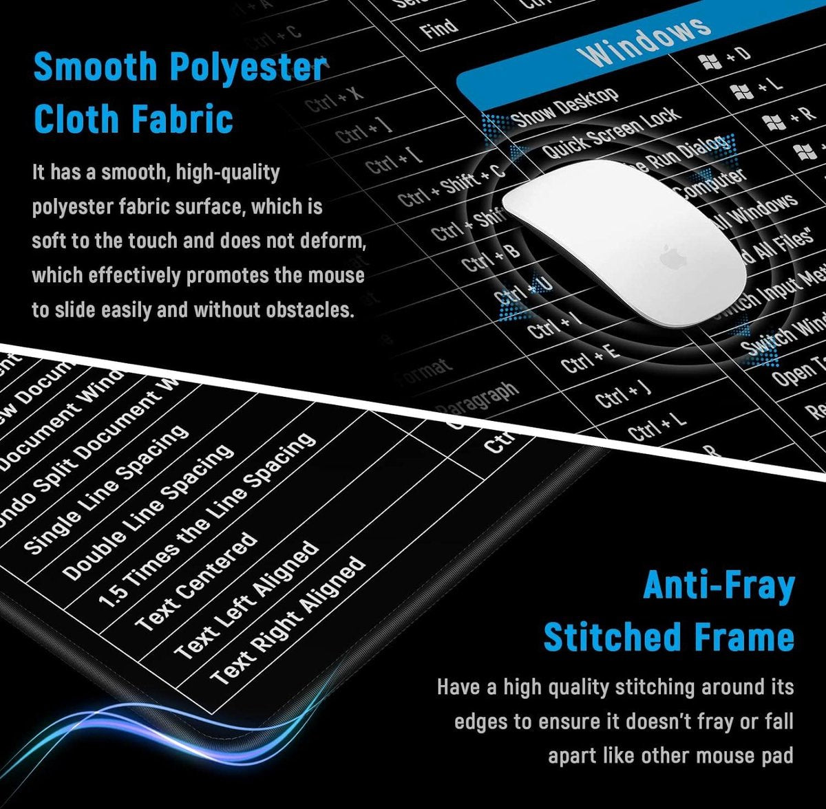 Gaming mouse pad with Excel shortcuts - Large and multifunctional desk mat - Comfortable and non-slip - 900 x 400 mm