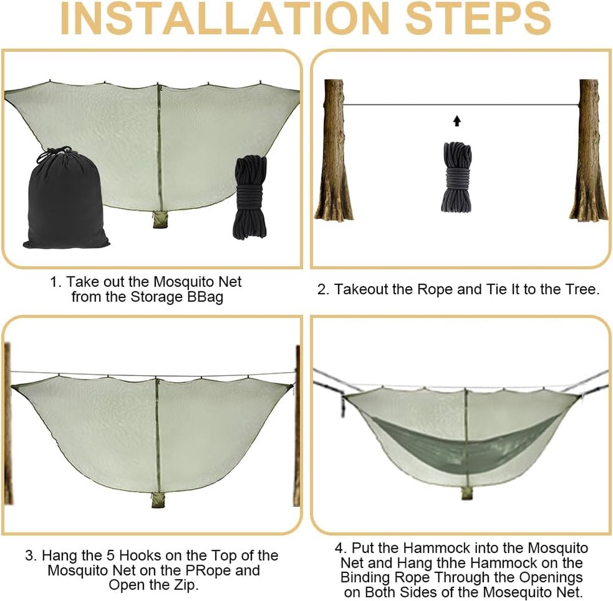Hangmat Klamboe, Camping Hangmat Net 360 Graden Bescherming Polyester Net met Dubbelzijdige Rits Lichtgewicht Reizen Camping Hangmat Insectennet voor Wandelen Reizen Buiten