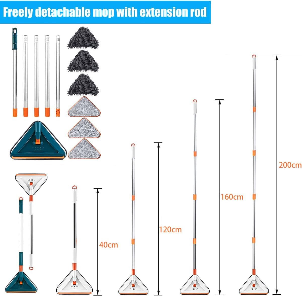 Triangle Mop with Long Handle, 360 Degree Rotating, Adjustable, Triangular Mop, Baseboard, Cleaner, Tool, Washer, Microfiber, Mop for Windows, Floor, Wall, Hardwood, Tiles