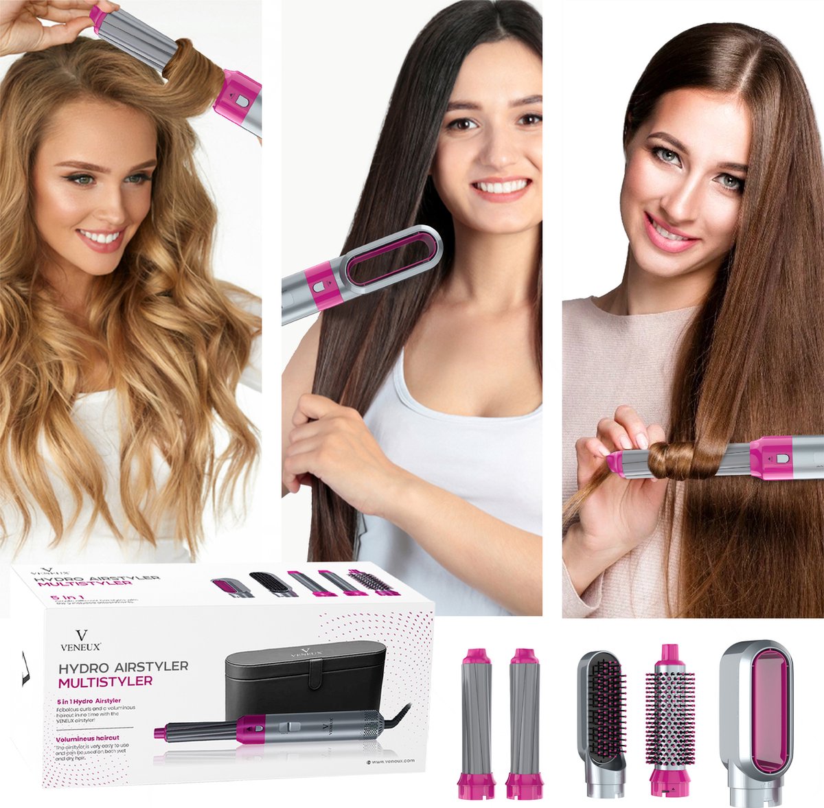 VENEUX® Föhnborstel - Airstyler - Krulborstel - Krultangen - 5 in 1 Multistyler - Met Opbergcase - Grijs