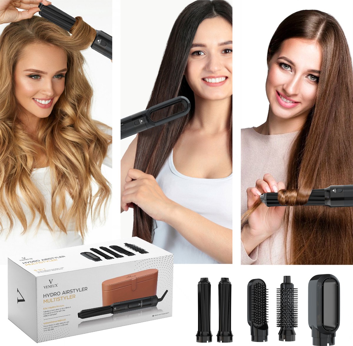 VENEUX® Föhnborstel - Airstyler - Krulborstel - Krultangen - 5 in 1 Multistyler - Met Opbergcase - Zwart