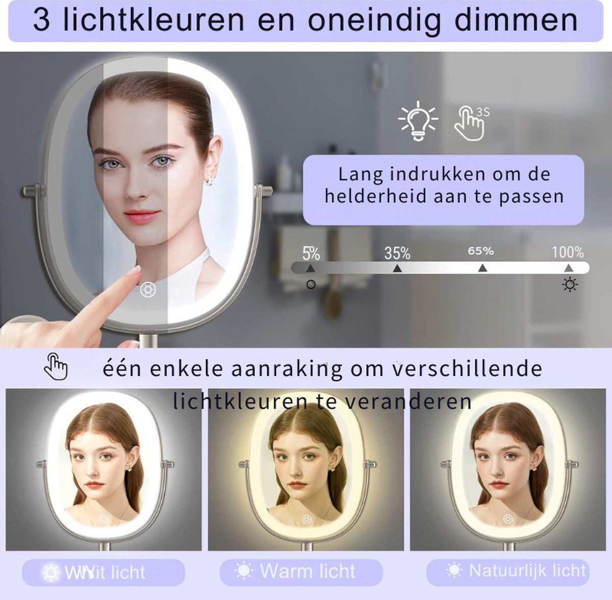Rechargeable LED Make-up Mirror, 1x/7x Magnification - Dimmable Shaving Mirror with 3 Color Settings, 360° Rotatable Touchscreen Wall Mirror for Bathroom and Hotel