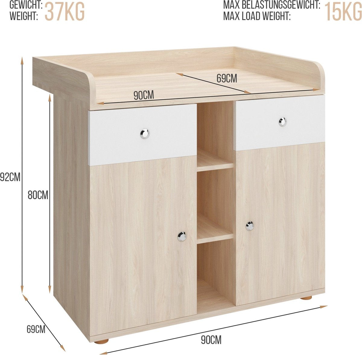 Infantastic - Commode met 2 grote laden en 5 vakken - Ladekast met Opbergruimte - Veelzijdig Omkleedmeubel met Organizer - 90x69x92 cm (LxBxH) - Beukenfineer
